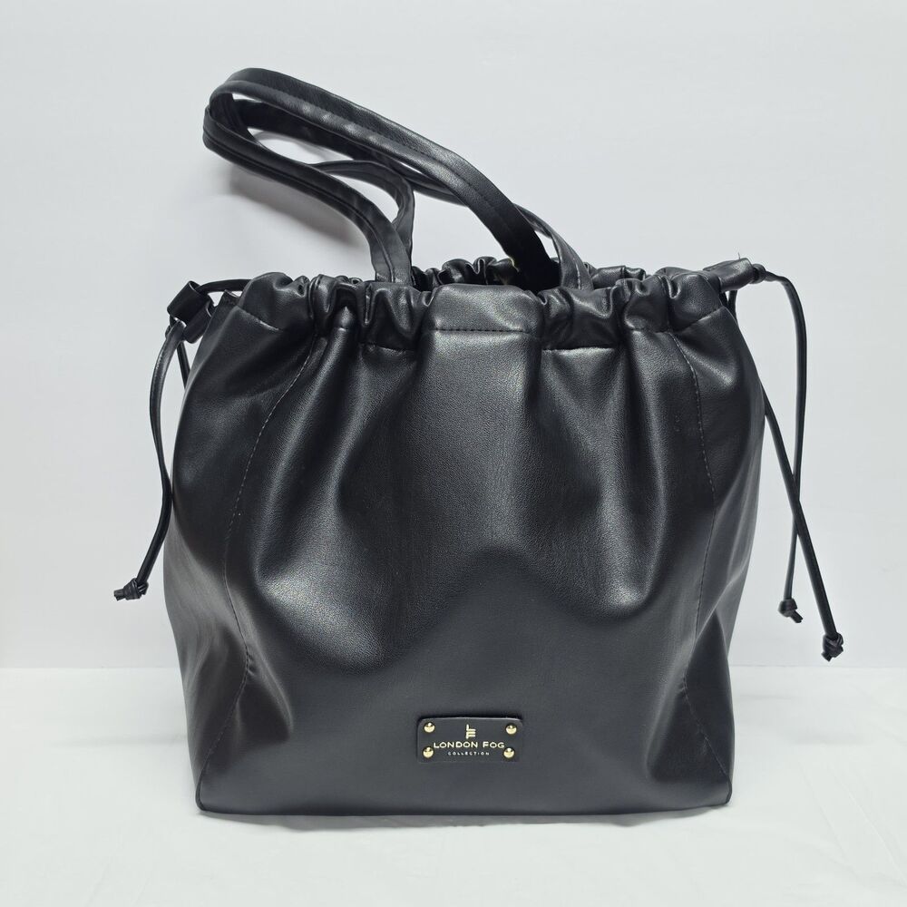 London Fog Irina Drawstring Satchel Slouchy Bag Black Faux Leather City Casual